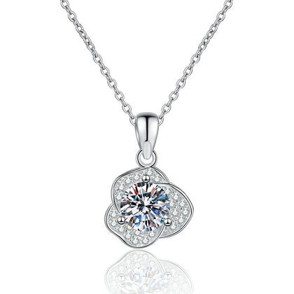 Round Clover Halo Moissanite Pendant Necklace in Platinum-Plated S925 Sterling Silver on clean white background