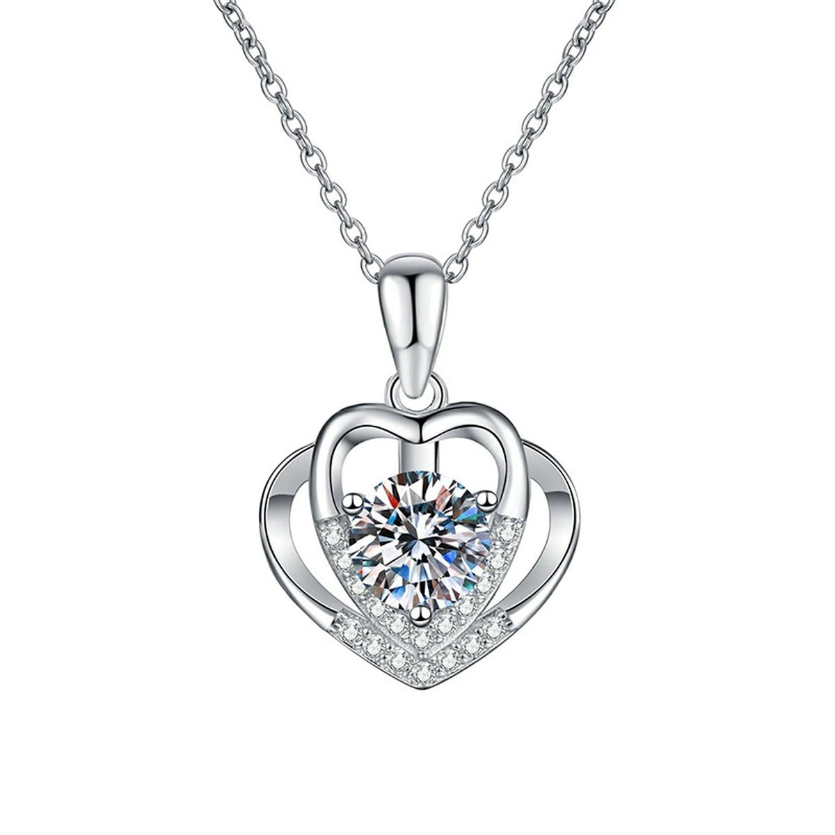 Heart Frame Moissanite Pendant Necklace in Platinum-Plated S925 Sterling Silver on clean white background