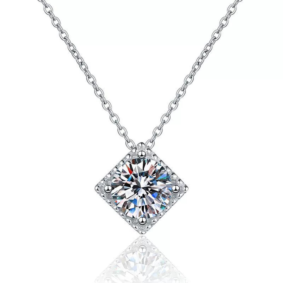 Cushion Halo Moissanite Pendant Necklace in Platinum-Plated S925 Sterling Silver on clean white background