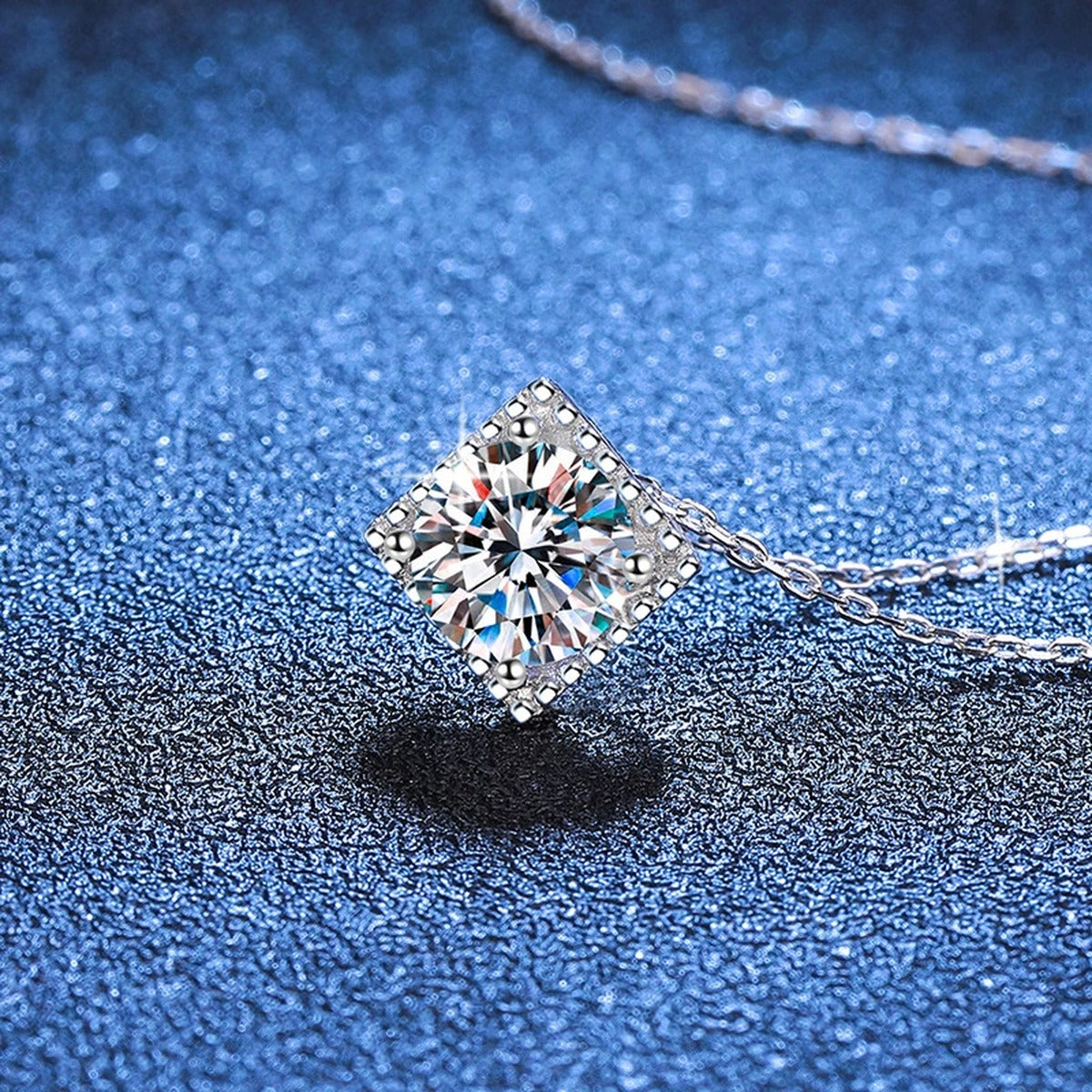 Cushion Halo Moissanite Pendant Necklace in Platinum-Plated S925 Sterling Silver blue background product view