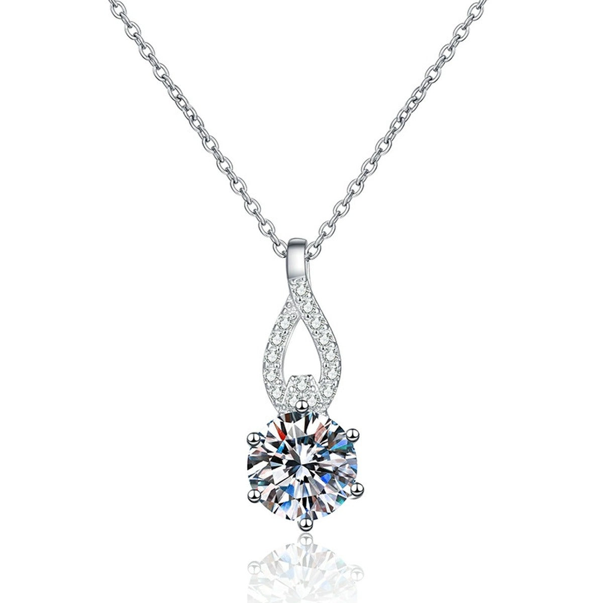 Teardrop Moissanite Pendant Necklace in Platinum-Plated S925 Sterling Silver on clean white background