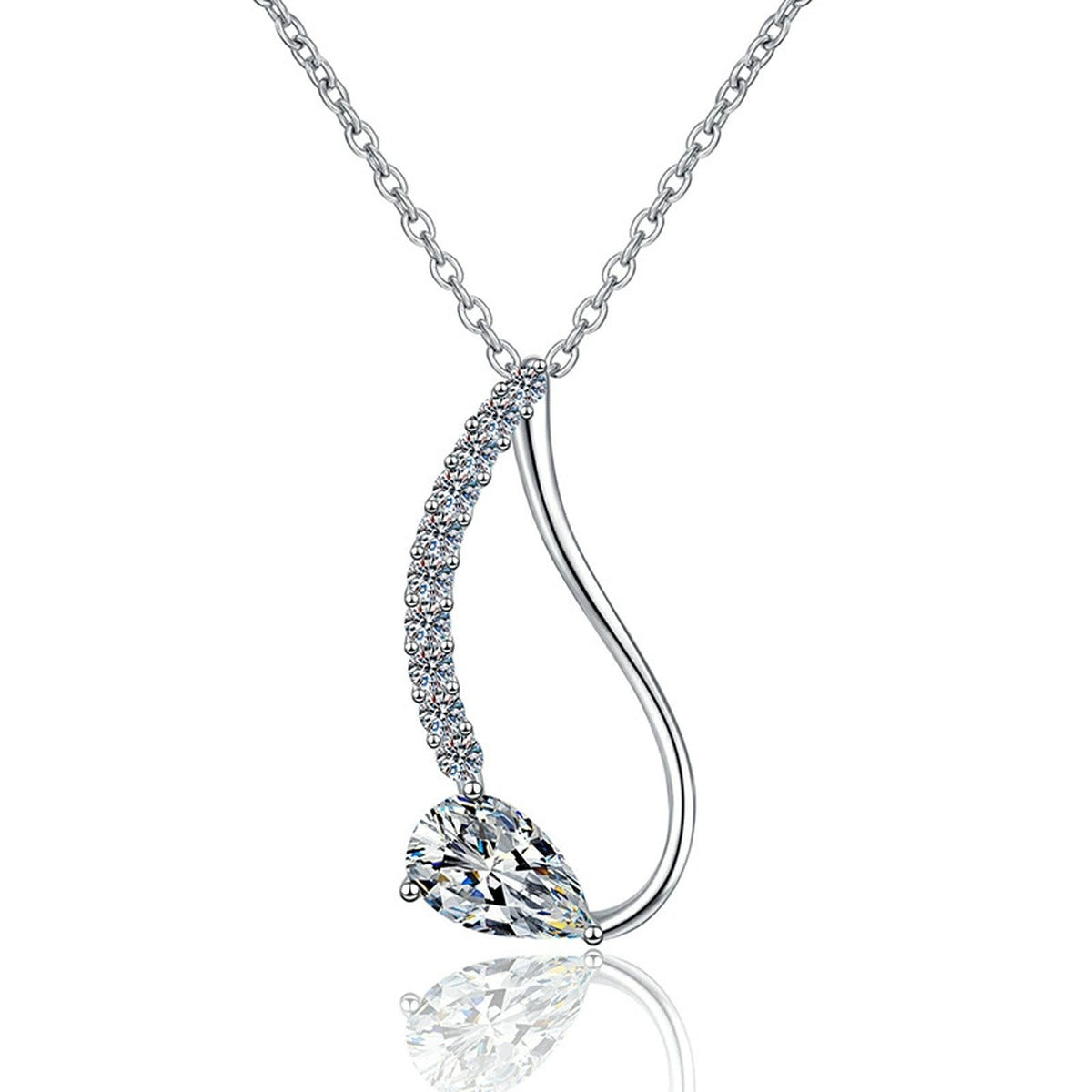 Pear-Cut Moissanite Drop Necklace in Platinum-Plated S925 Sterling Silver on clean white background
