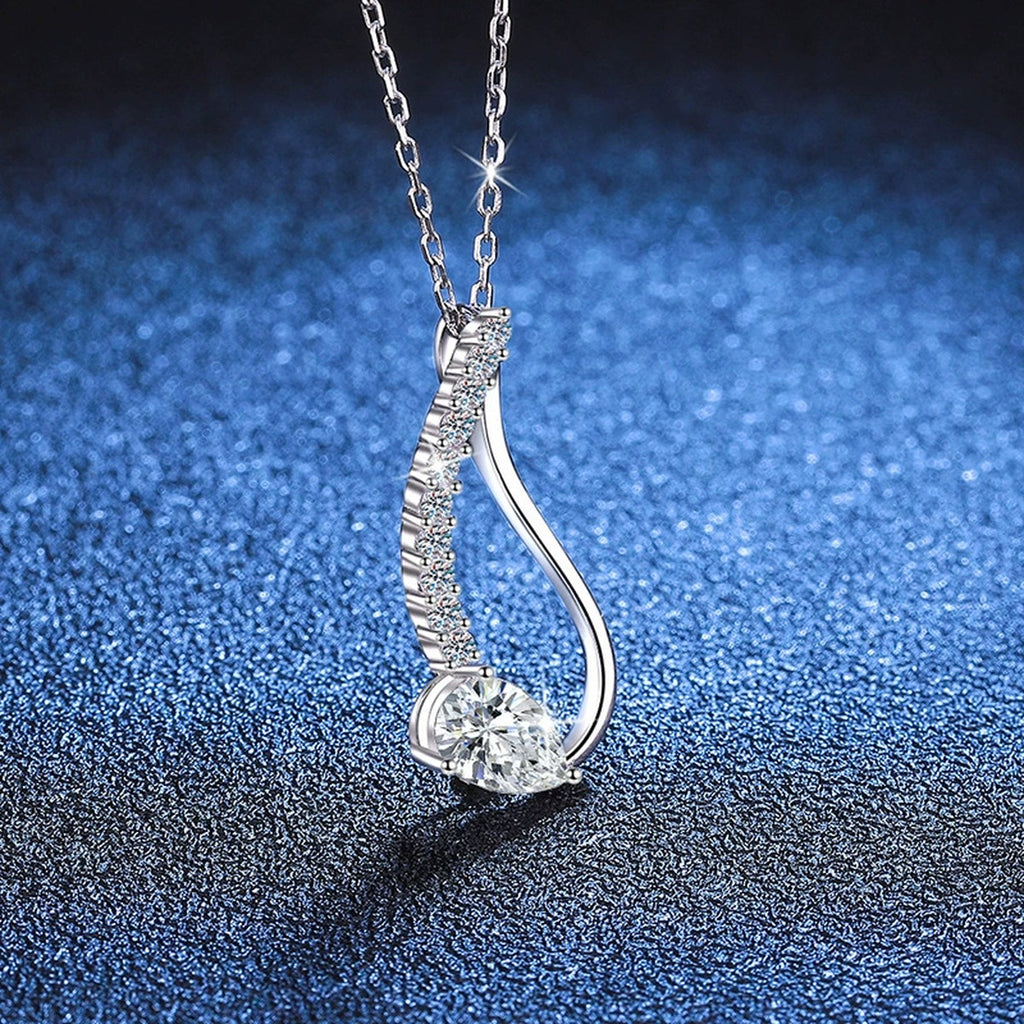 Pear-Cut Moissanite Drop Necklace in Platinum-Plated S925 Sterling Silver blue background product view