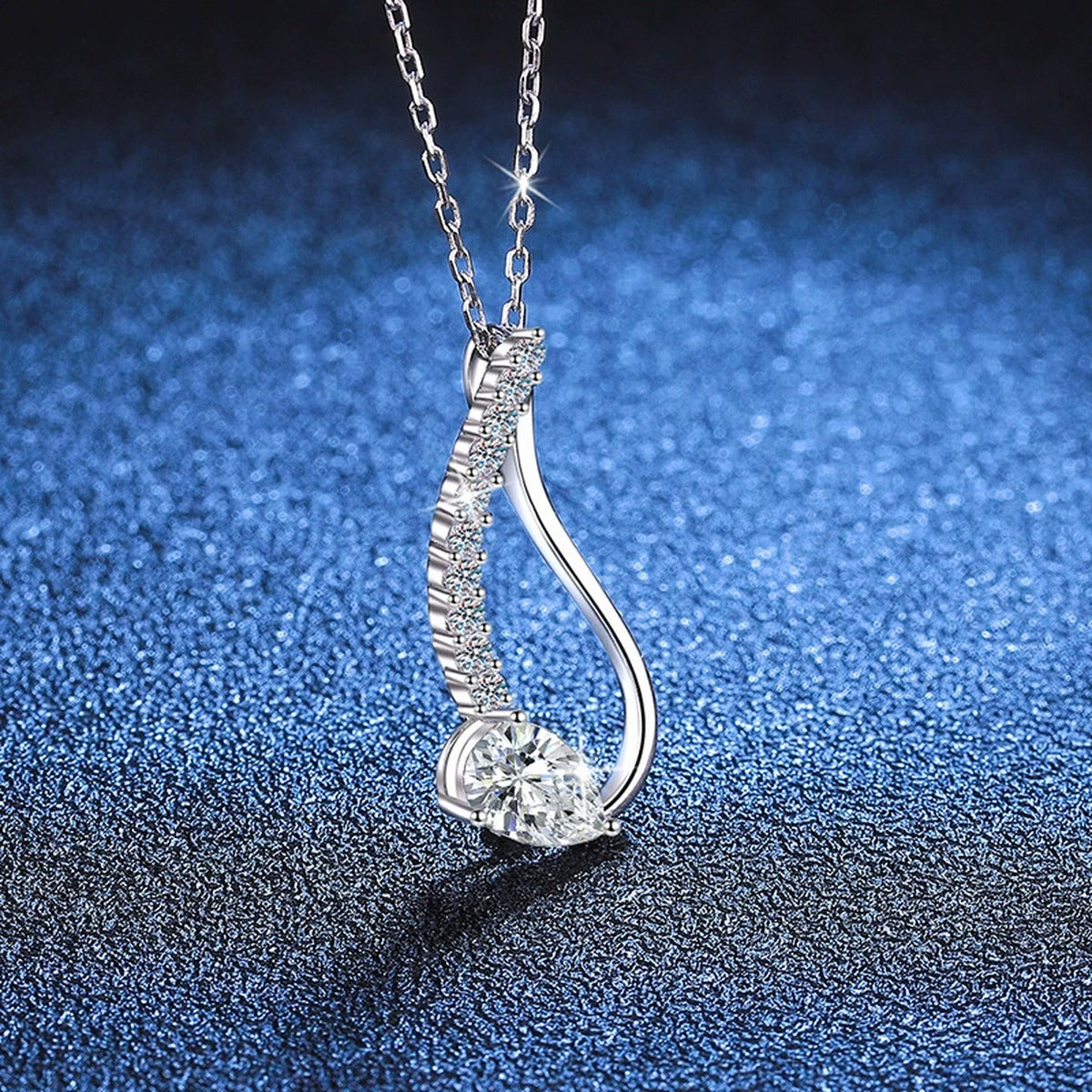 Pear-Cut Moissanite Drop Necklace in Platinum-Plated S925 Sterling Silver blue background product view