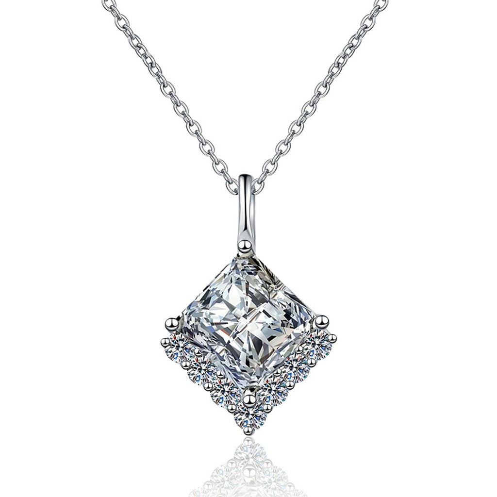 Princess-Cut Moissanite Pendant Necklace in Platinum-Plated S925 Sterling Silver on clean white background