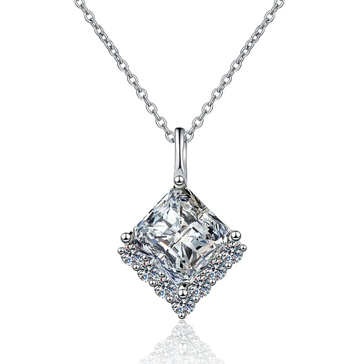 Princess-Cut Moissanite Pendant Necklace in Platinum-Plated S925 Sterling Silver on clean white background
