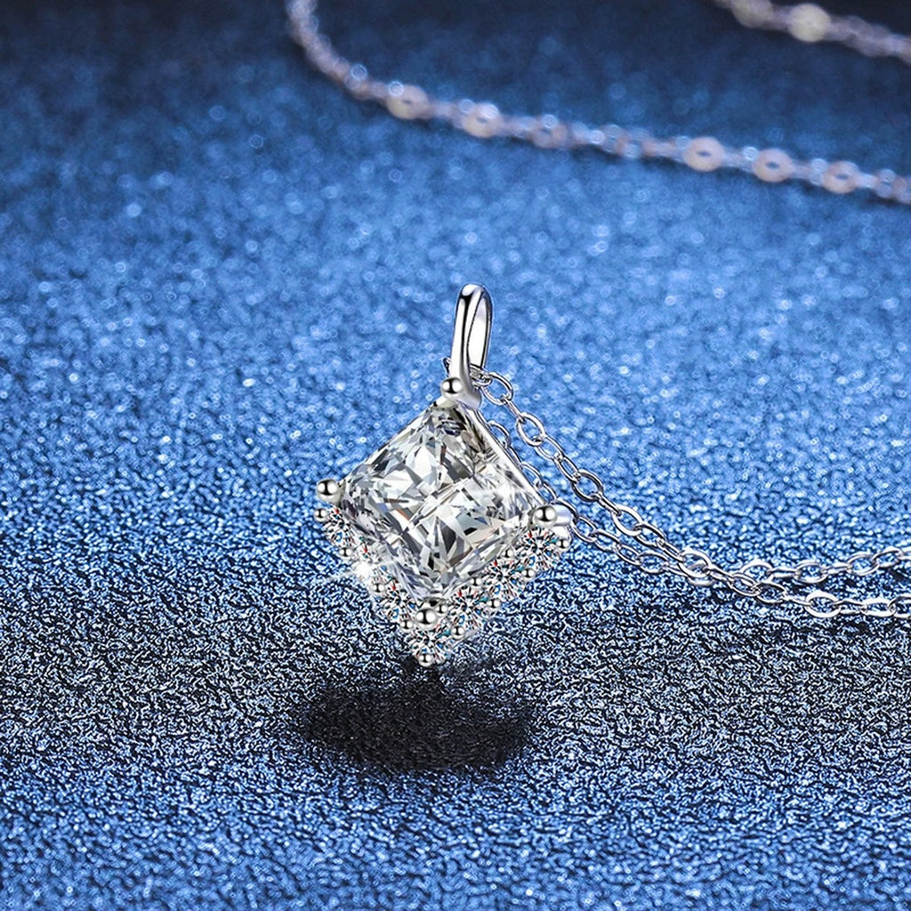 Princess-Cut Moissanite Pendant Necklace in Platinum-Plated S925 Sterling Silver blue background product view