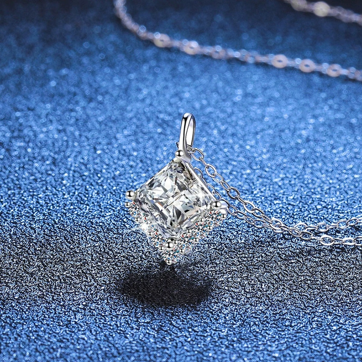 Princess-Cut Moissanite Pendant Necklace in Platinum-Plated S925 Sterling Silver blue background product view