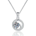 Round Bezel Halo Moissanite Pendant Necklace in Platinum-Plated S925 Sterling Silver on clean white background