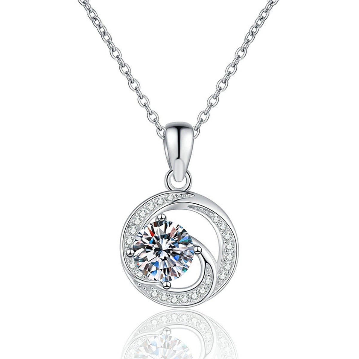 Round Bezel Halo Moissanite Pendant Necklace in Platinum-Plated S925 Sterling Silver on clean white background