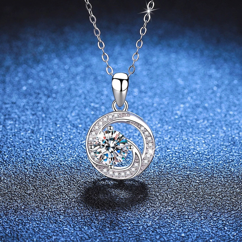 Round Bezel Halo Moissanite Pendant Necklace in Platinum-Plated S925 Sterling Silver blue background product view