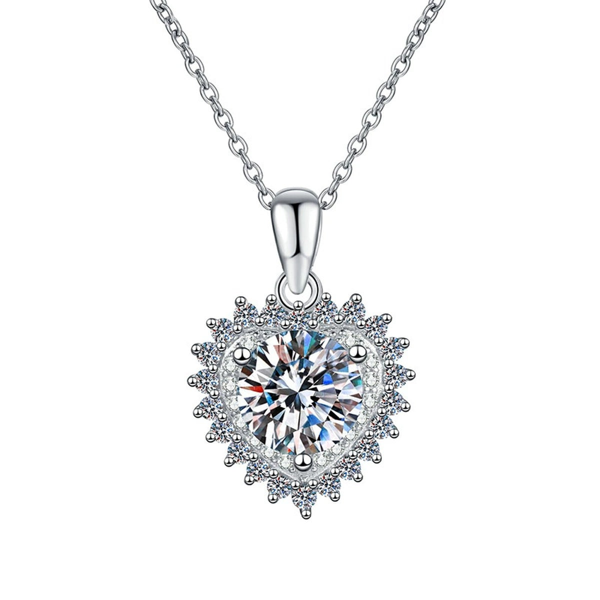 Round Halo Moissanite Pendant Necklace in Platinum-Plated S925 Sterling Silver on clean white background