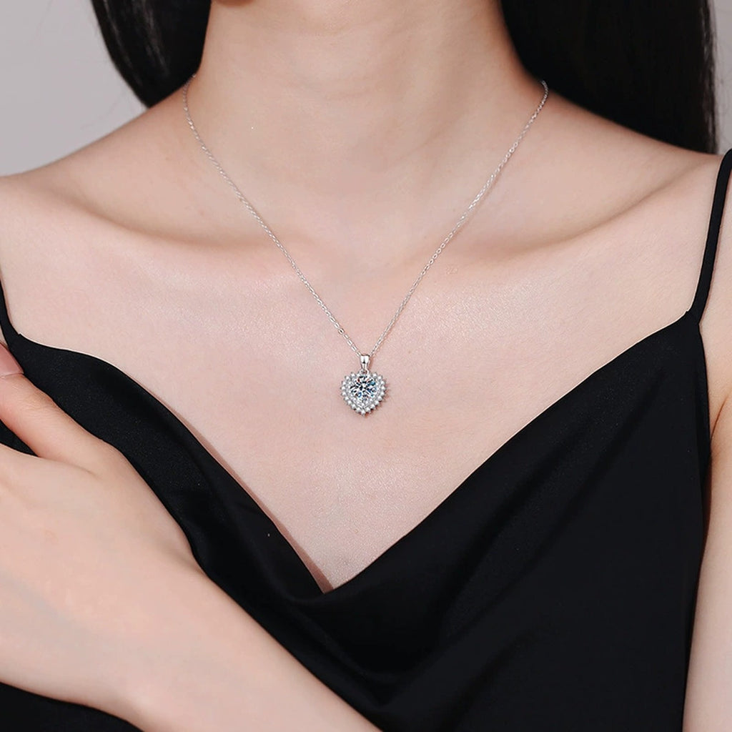 Round Halo Moissanite Pendant Necklace in Platinum-Plated S925 Sterling Silver worn on neckline by model