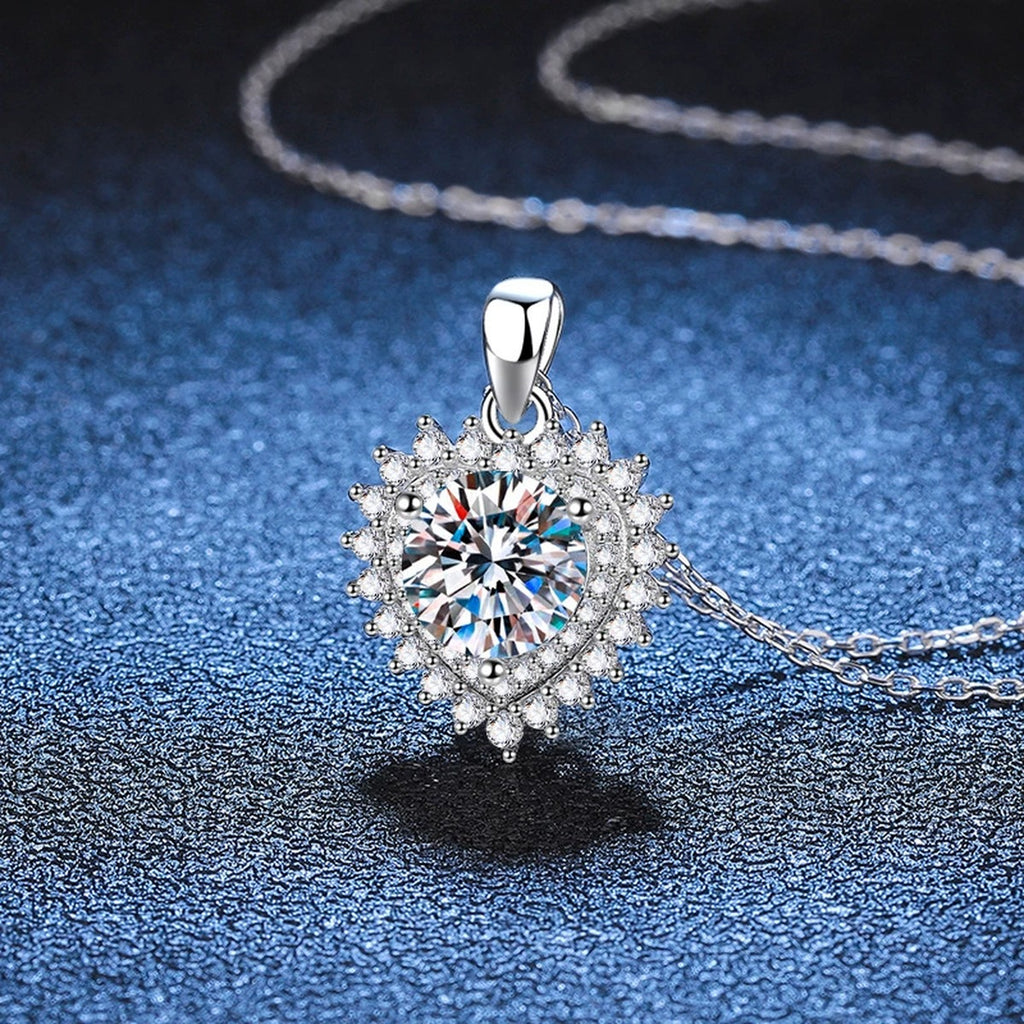 Round Halo Moissanite Pendant Necklace in Platinum-Plated S925 Sterling Silver blue background product view