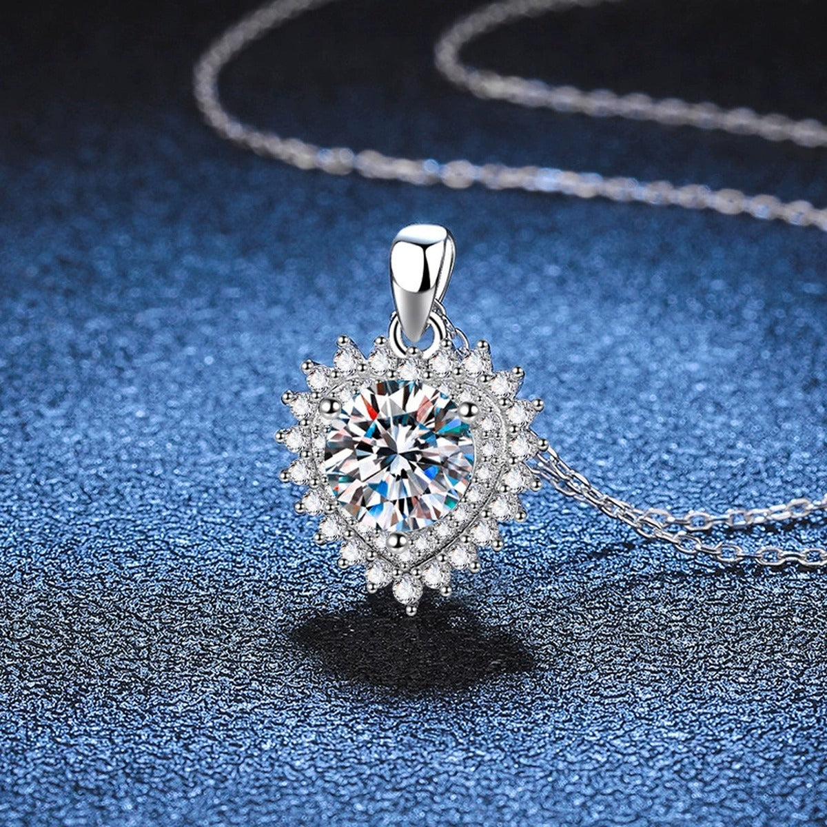 Round Halo Moissanite Pendant Necklace in Platinum-Plated S925 Sterling Silver blue background product view