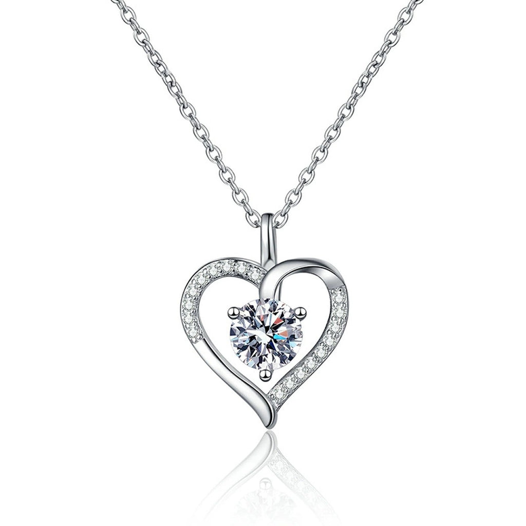 Open Heart Moissanite Pendant Necklace in Platinum-Plated S925 Sterling Silver on clean white background