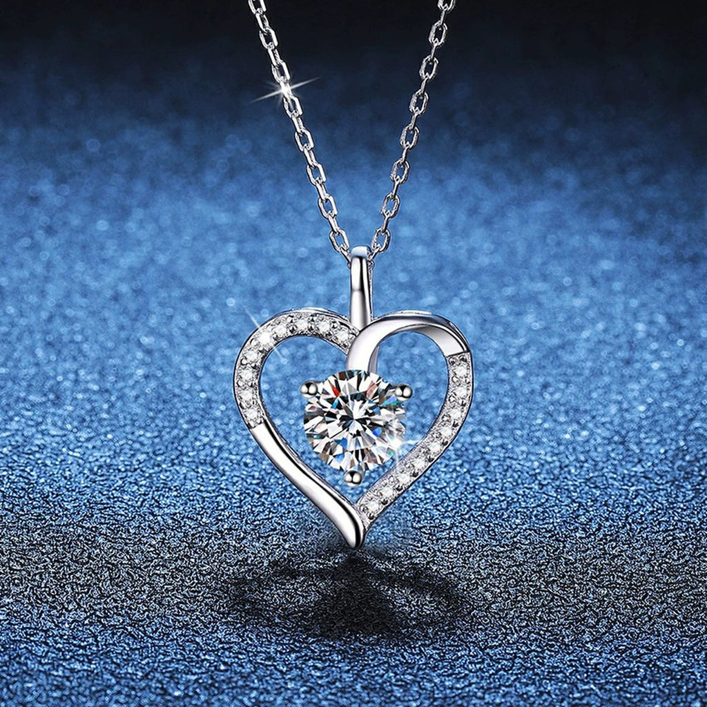 Open Heart Moissanite Pendant Necklace in Platinum-Plated S925 Sterling Silver blue background product view