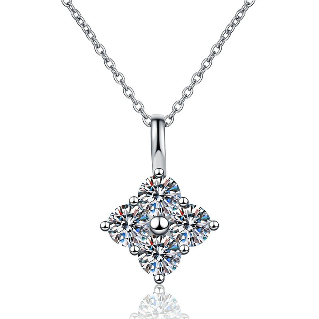 Four-Stone Cluster Moissanite Pendant Necklace in Platinum-Plated S925 Sterling Silver on clean white background