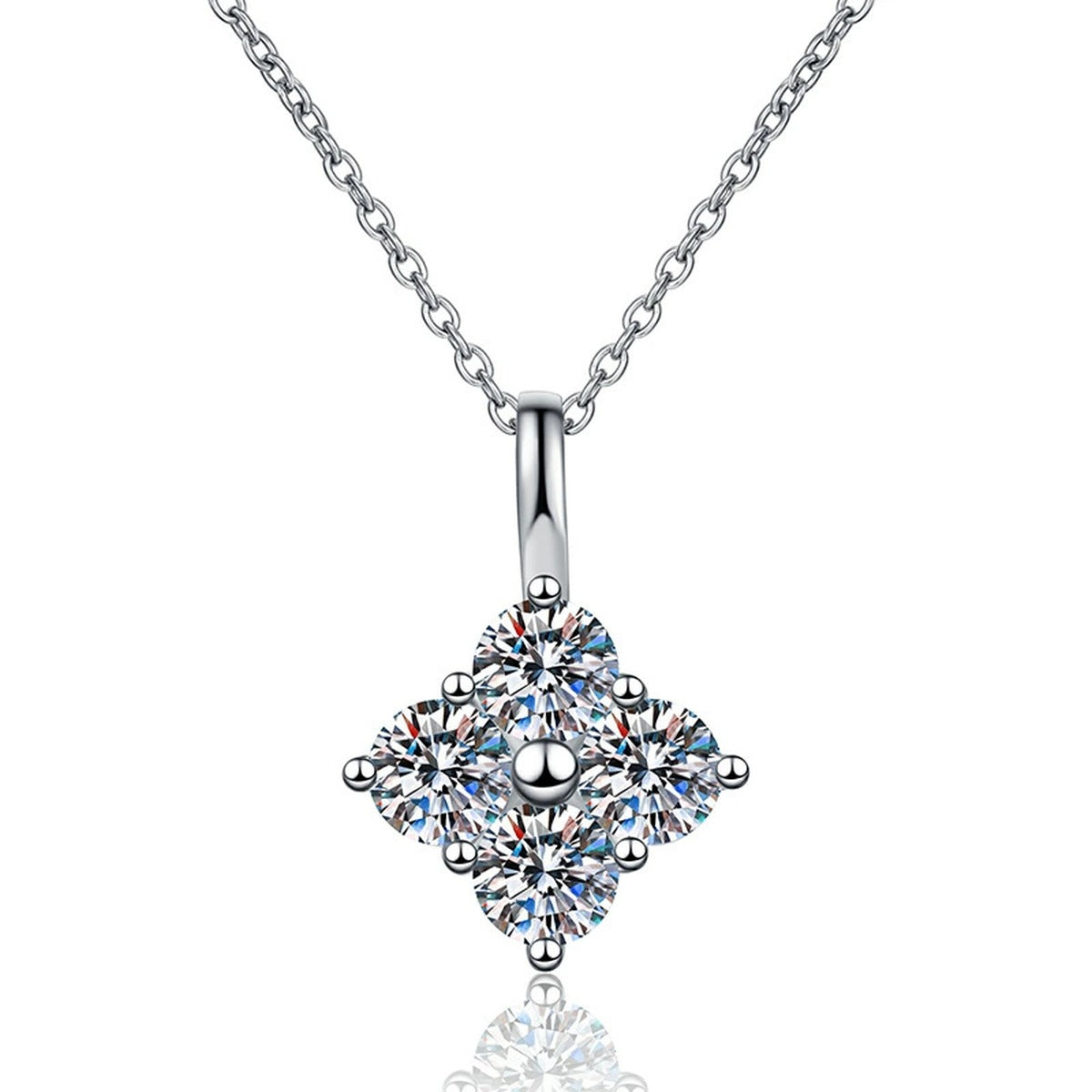 Four-Stone Cluster Moissanite Pendant Necklace in Platinum-Plated S925 Sterling Silver on clean white background