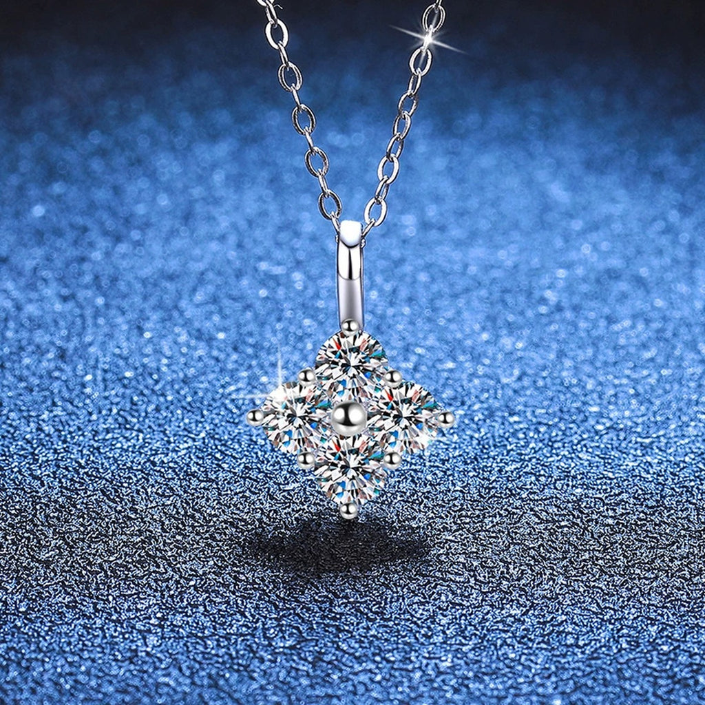 Four-Stone Cluster Moissanite Pendant Necklace in Platinum-Plated S925 Sterling Silver blue background product view
