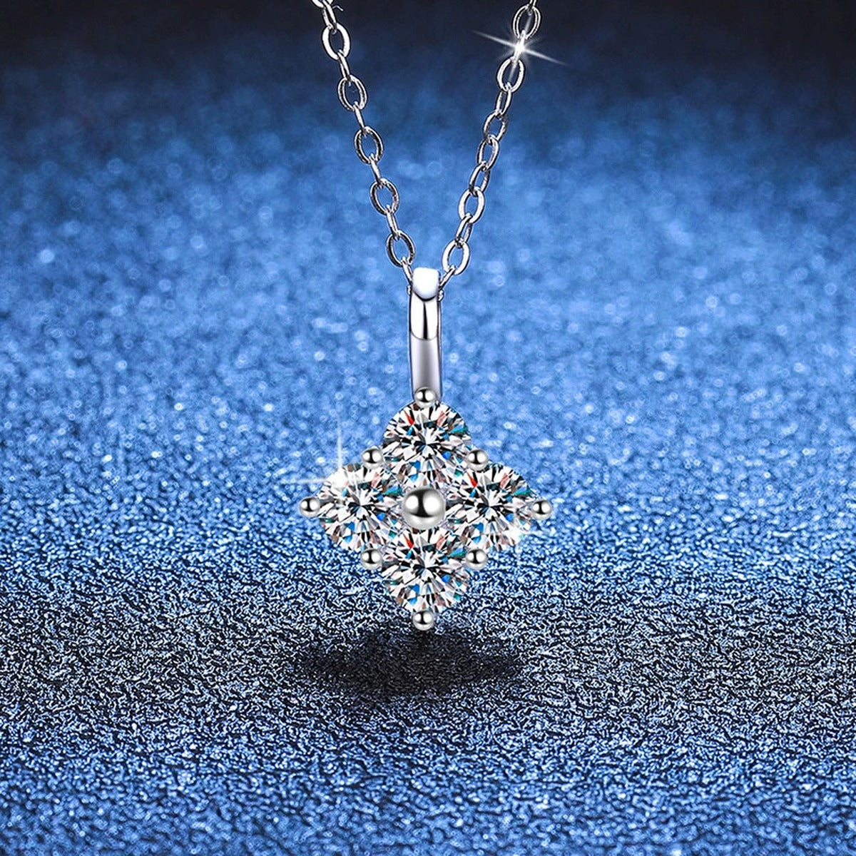 Four-Stone Cluster Moissanite Pendant Necklace in Platinum-Plated S925 Sterling Silver blue background product view