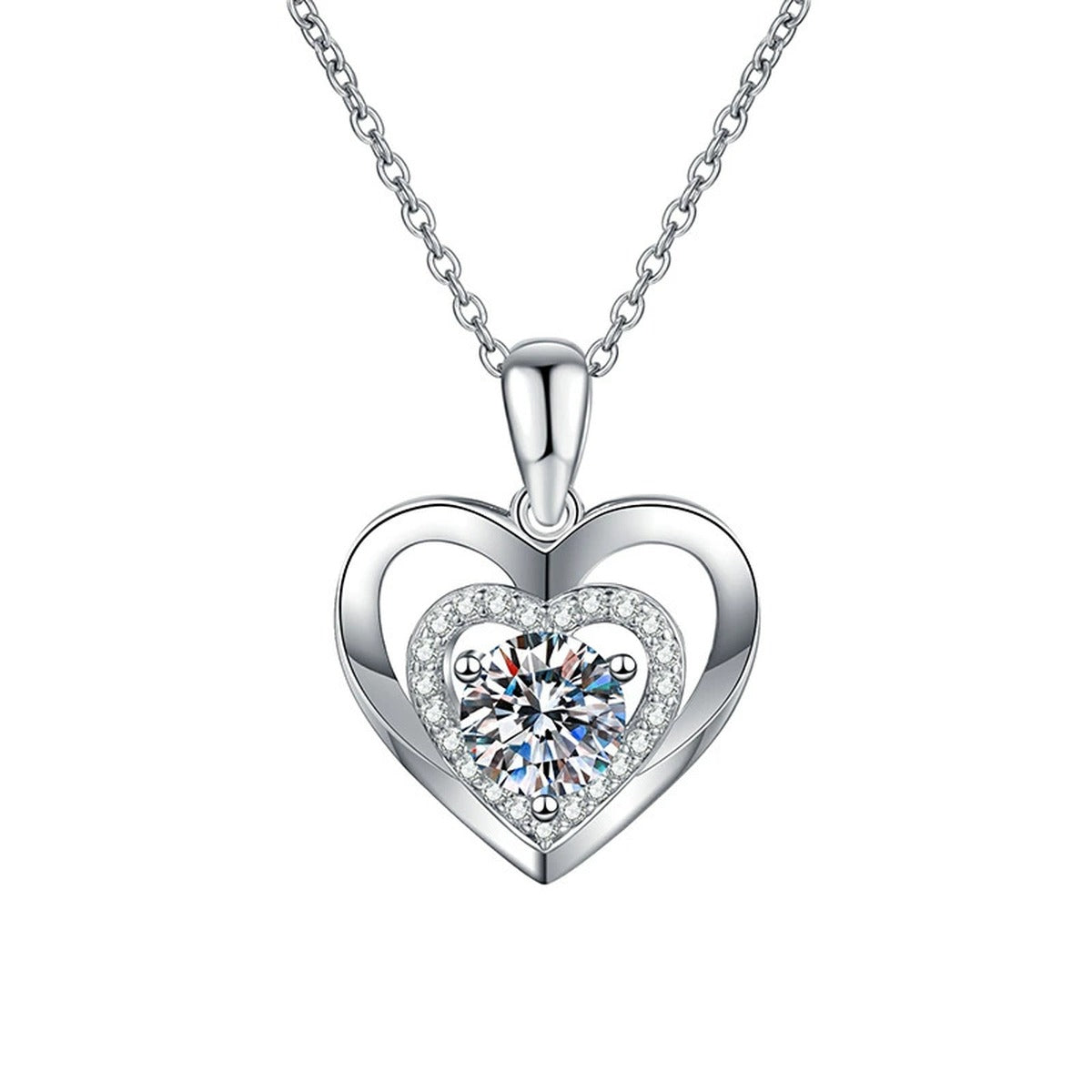 Heart Halo Moissanite Pendant Necklace in Platinum-Plated S925 Sterling Silver on clean white background