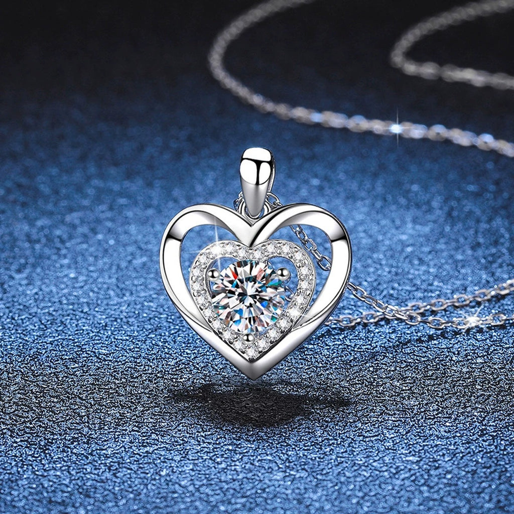 Heart Halo Moissanite Pendant Necklace in Platinum-Plated S925 Sterling Silver blue background product view