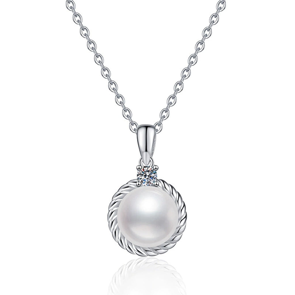 Moissanite Freshwater Pearl Pendant Necklace in White Gold-Plated S925 Sterling Silver on clean white background showing the freshwater pearl pendant with a small round moissanite accent