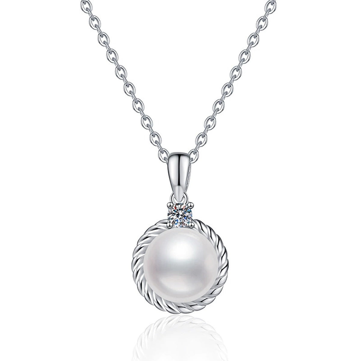 Moissanite Freshwater Pearl Pendant Necklace in White Gold-Plated S925 Sterling Silver on clean white background showing the freshwater pearl pendant with a small round moissanite accent