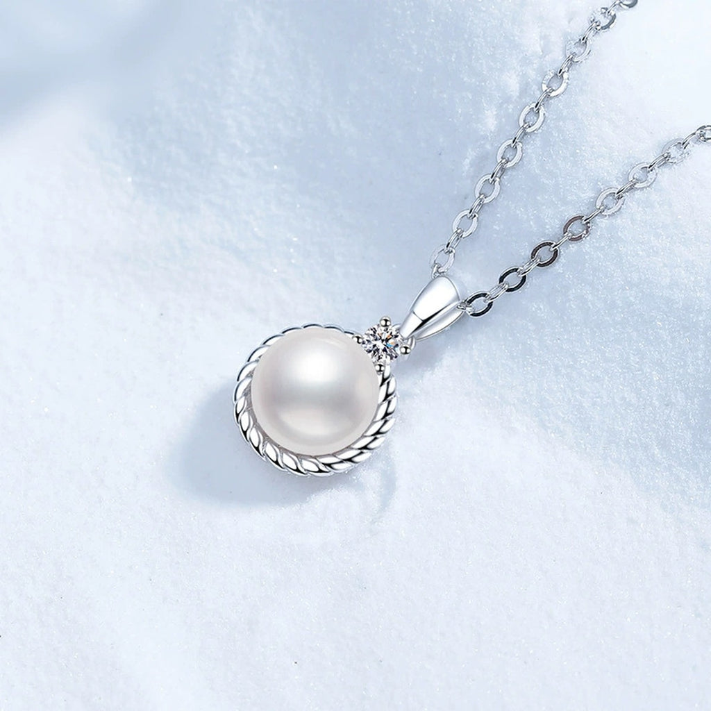 Moissanite Freshwater Pearl Pendant Necklace in White Gold-Plated S925 Sterling Silver blue background product view
