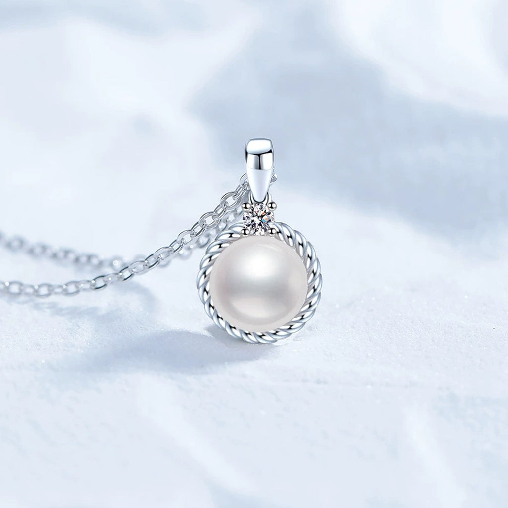 Moissanite Freshwater Pearl Pendant Necklace in White Gold-Plated S925 Sterling Silver close-up product detail view