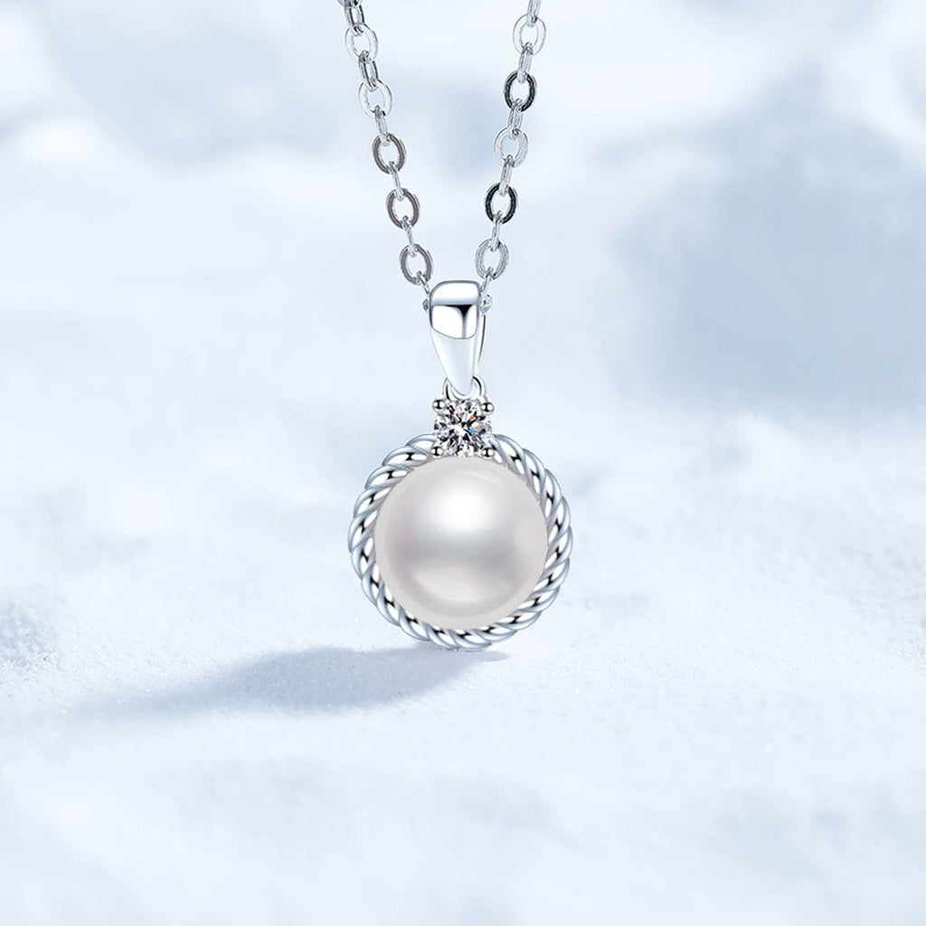 Moissanite Freshwater Pearl Pendant Necklace in White Gold-Plated S925 Sterling Silver close-up product detail view