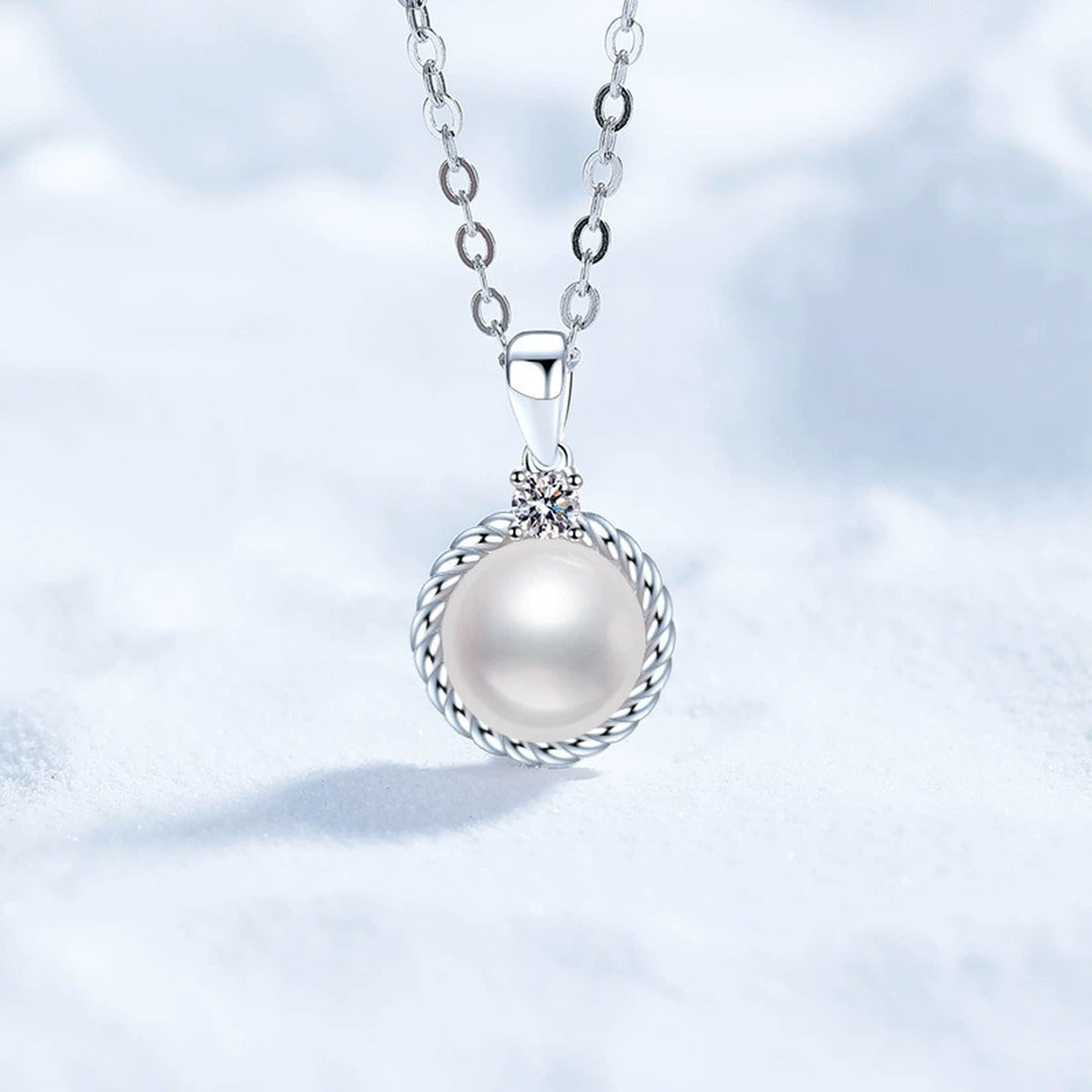 Moissanite Freshwater Pearl Pendant Necklace in White Gold-Plated S925 Sterling Silver close-up product detail view