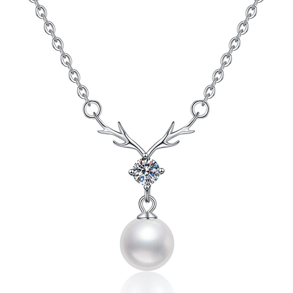 Pearl Antler Moissanite Pendant Necklace in Platinum-Plated S925 Sterling Silver on clean white background