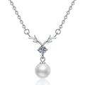 Pearl Antler Moissanite Pendant Necklace in Platinum-Plated S925 Sterling Silver on clean white background
