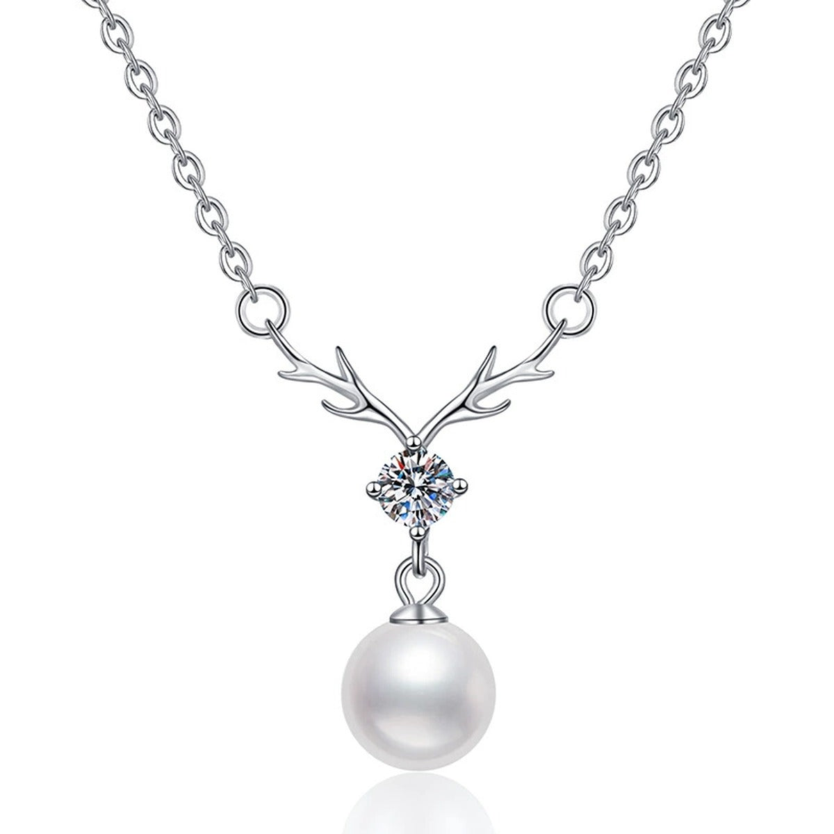 Pearl Antler Moissanite Pendant Necklace in Platinum-Plated S925 Sterling Silver on clean white background
