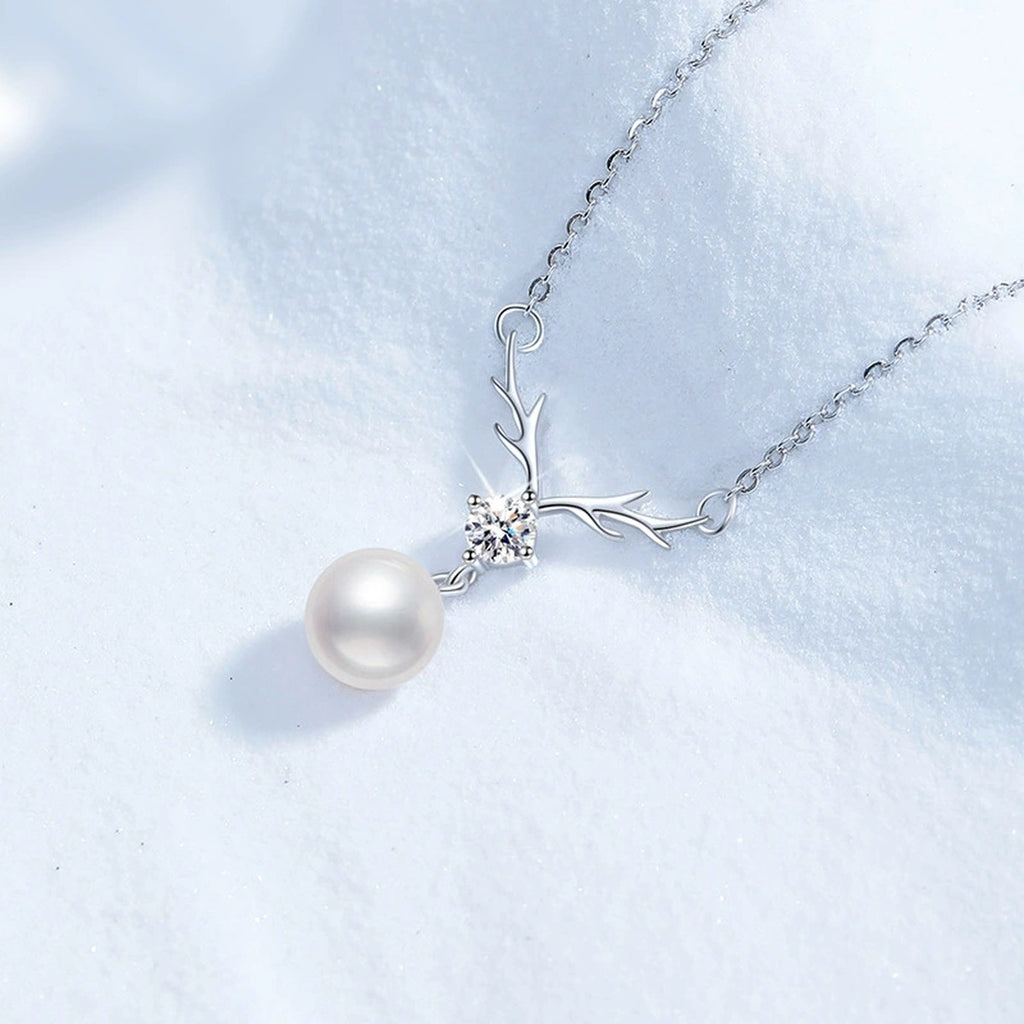 Pearl Antler Moissanite Pendant Necklace in Platinum-Plated S925 Sterling Silver blue background product view