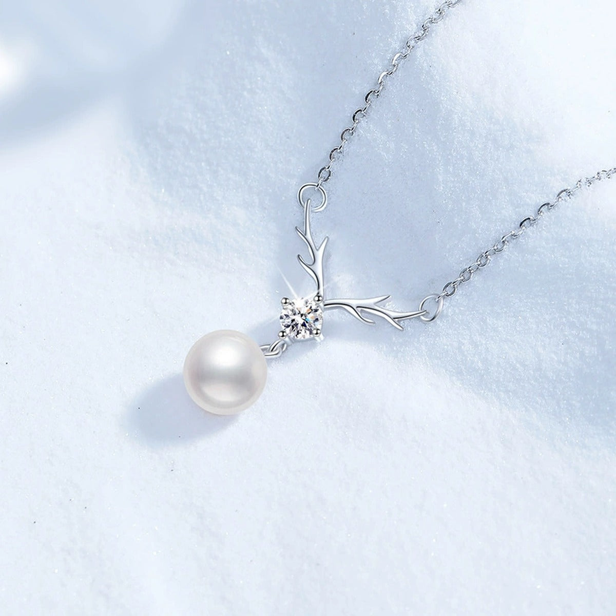 Pearl Antler Moissanite Pendant Necklace in Platinum-Plated S925 Sterling Silver blue background product view