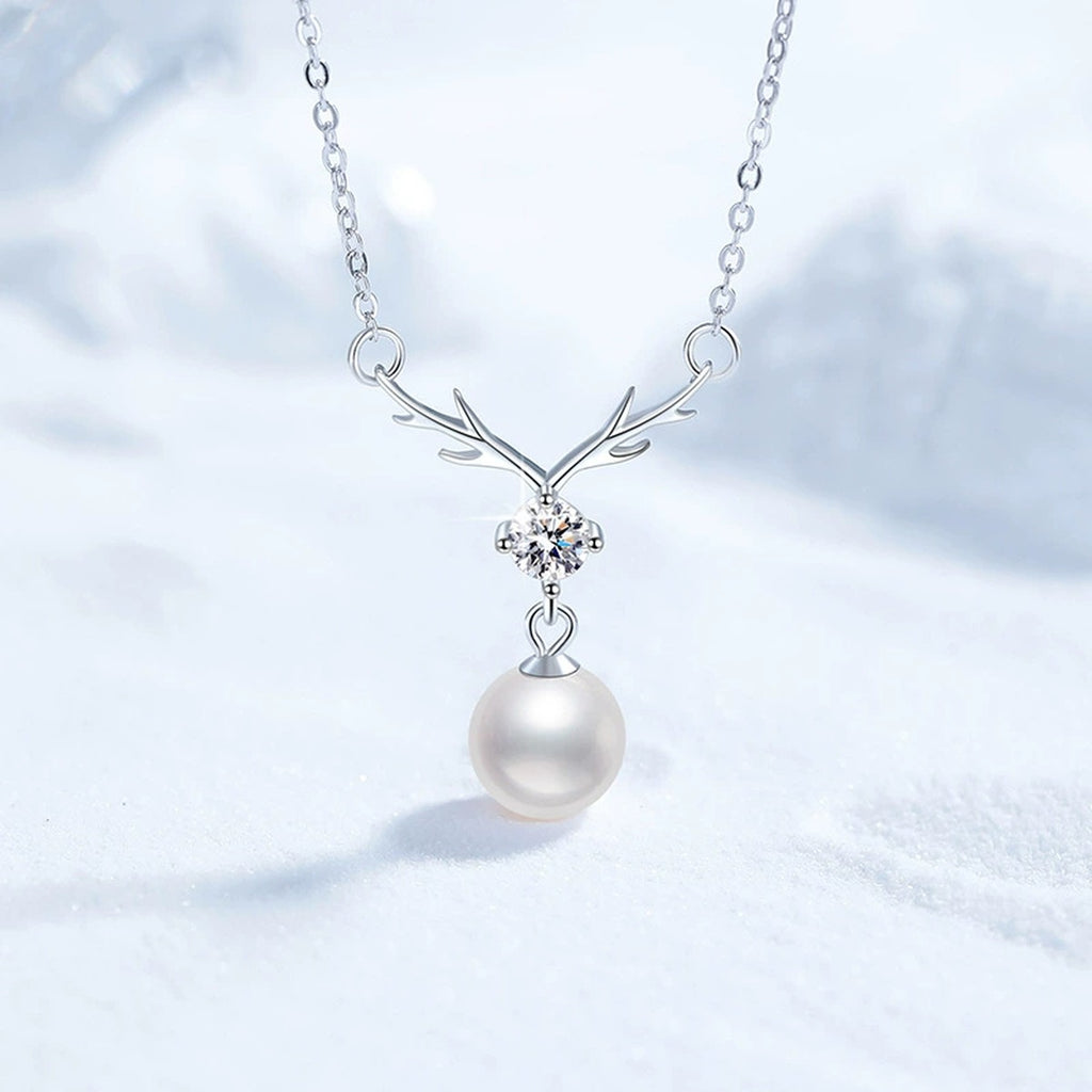 Pearl Antler Moissanite Pendant Necklace in Platinum-Plated S925 Sterling Silver close-up product detail view