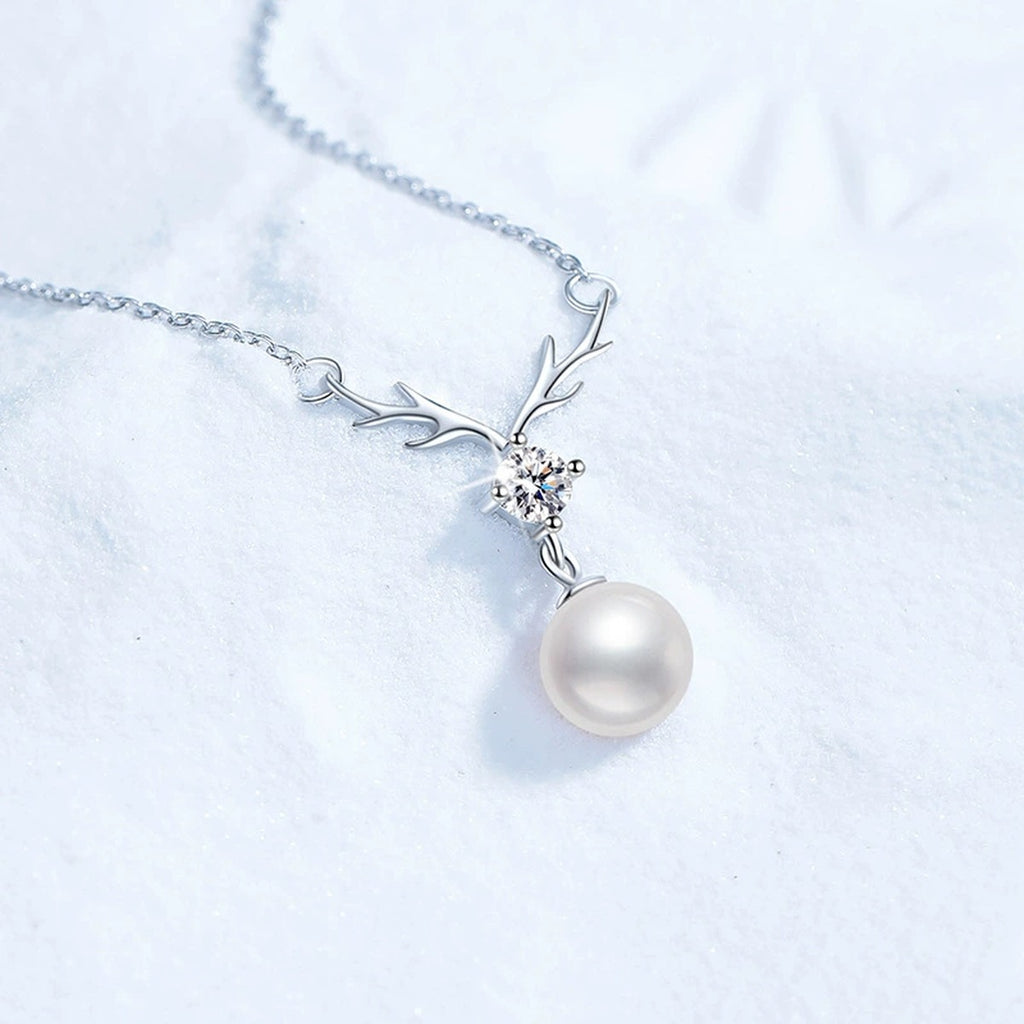 Pearl Antler Moissanite Pendant Necklace in Platinum-Plated S925 Sterling Silver close-up product detail view