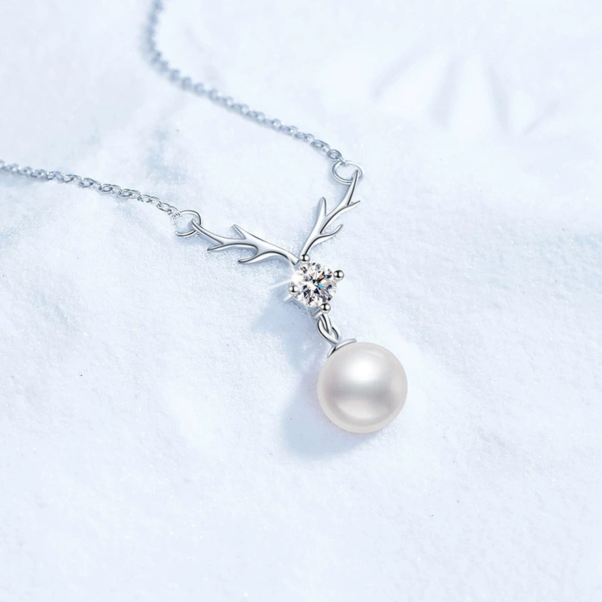 Pearl Antler Moissanite Pendant Necklace in Platinum-Plated S925 Sterling Silver close-up product detail view