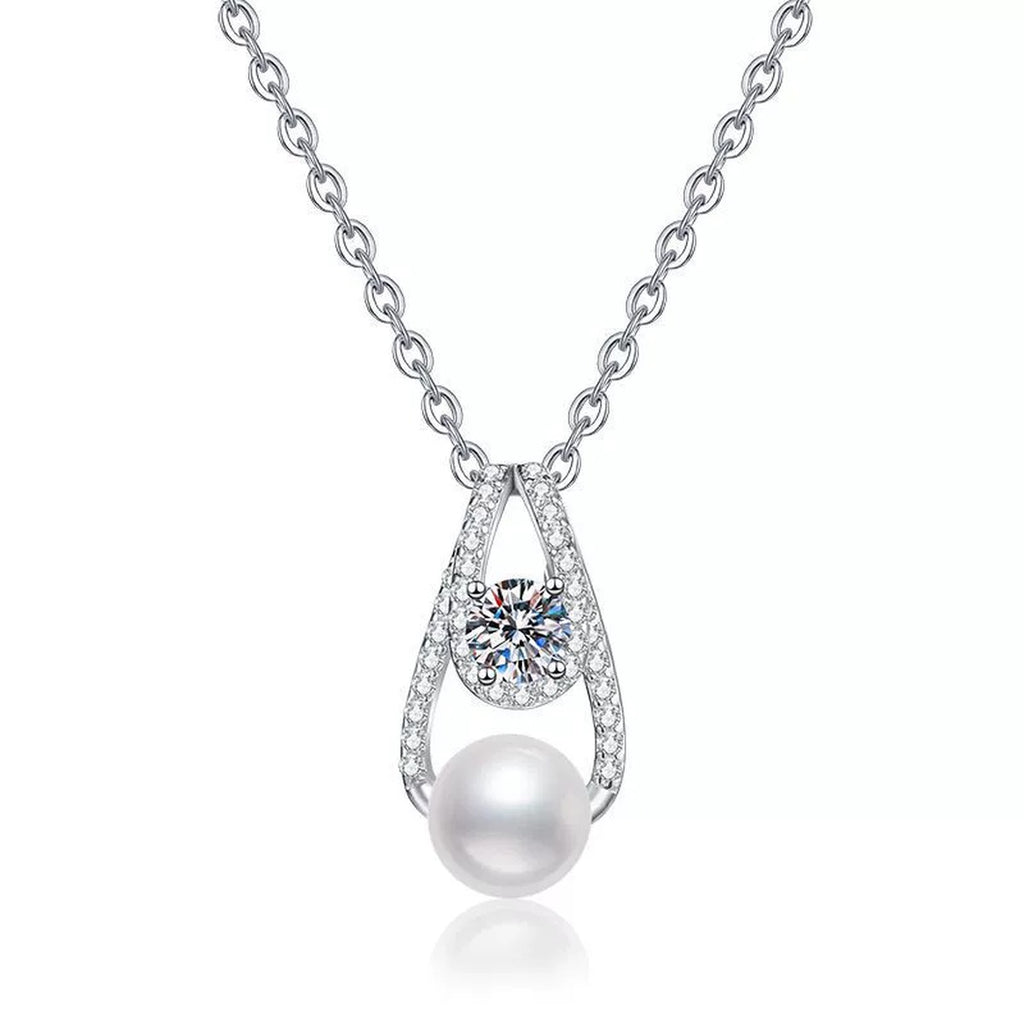 Moissanite Pearl Pendant Necklace with Cubic Zirconia in White Gold-Plated S925 Sterling Silver on clean white background showing the pearl pendant with a round moissanite and cubic zirconia accents