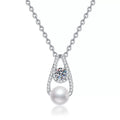 Moissanite Pearl Pendant Necklace with Cubic Zirconia in White Gold-Plated S925 Sterling Silver on clean white background showing the pearl pendant with a round moissanite and cubic zirconia accents