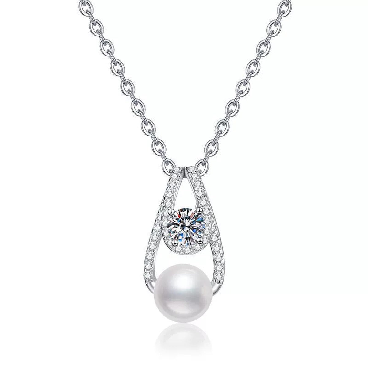 Moissanite Pearl Pendant Necklace with Cubic Zirconia in White Gold-Plated S925 Sterling Silver on clean white background showing the pearl pendant with a round moissanite and cubic zirconia accents