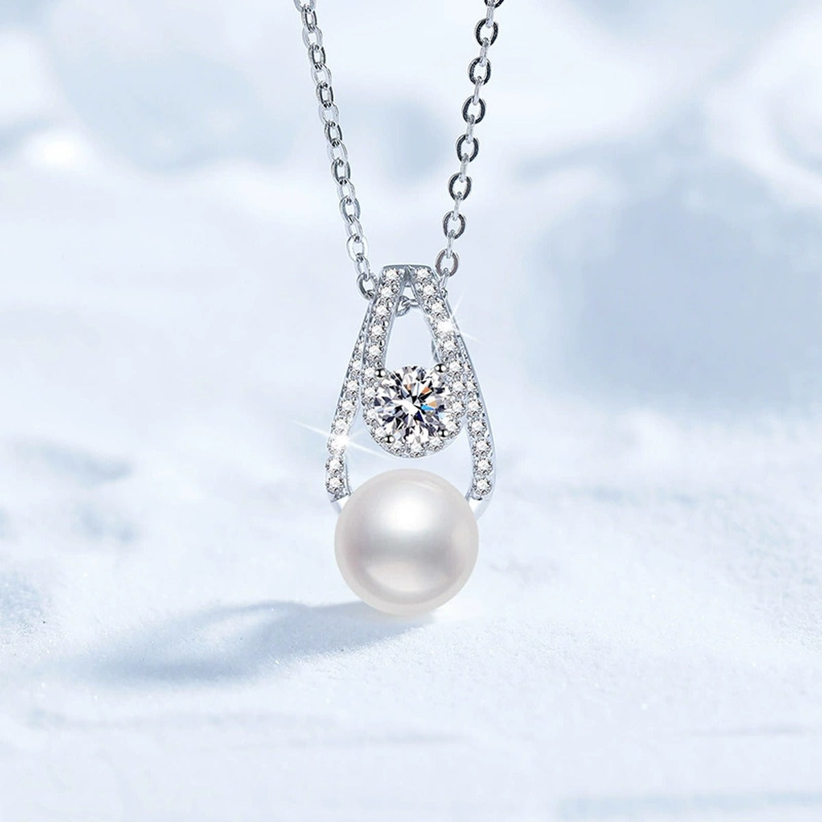 Moissanite Pearl Pendant Necklace with Cubic Zirconia in White Gold-Plated S925 Sterling Silver close-up product detail view