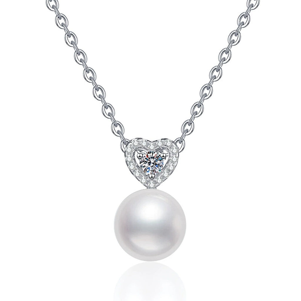 Moissanite Freshwater Pearl Pendant Necklace with Cubic Zirconia in White Gold-Plated S925 Sterling Silver on clean white background showing the freshwater pearl pendant with a small moissanite and cubic zirconia detail