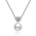 Moissanite Freshwater Pearl Pendant Necklace with Cubic Zirconia in White Gold-Plated S925 Sterling Silver on clean white background showing the freshwater pearl pendant with a small moissanite and cubic zirconia detail