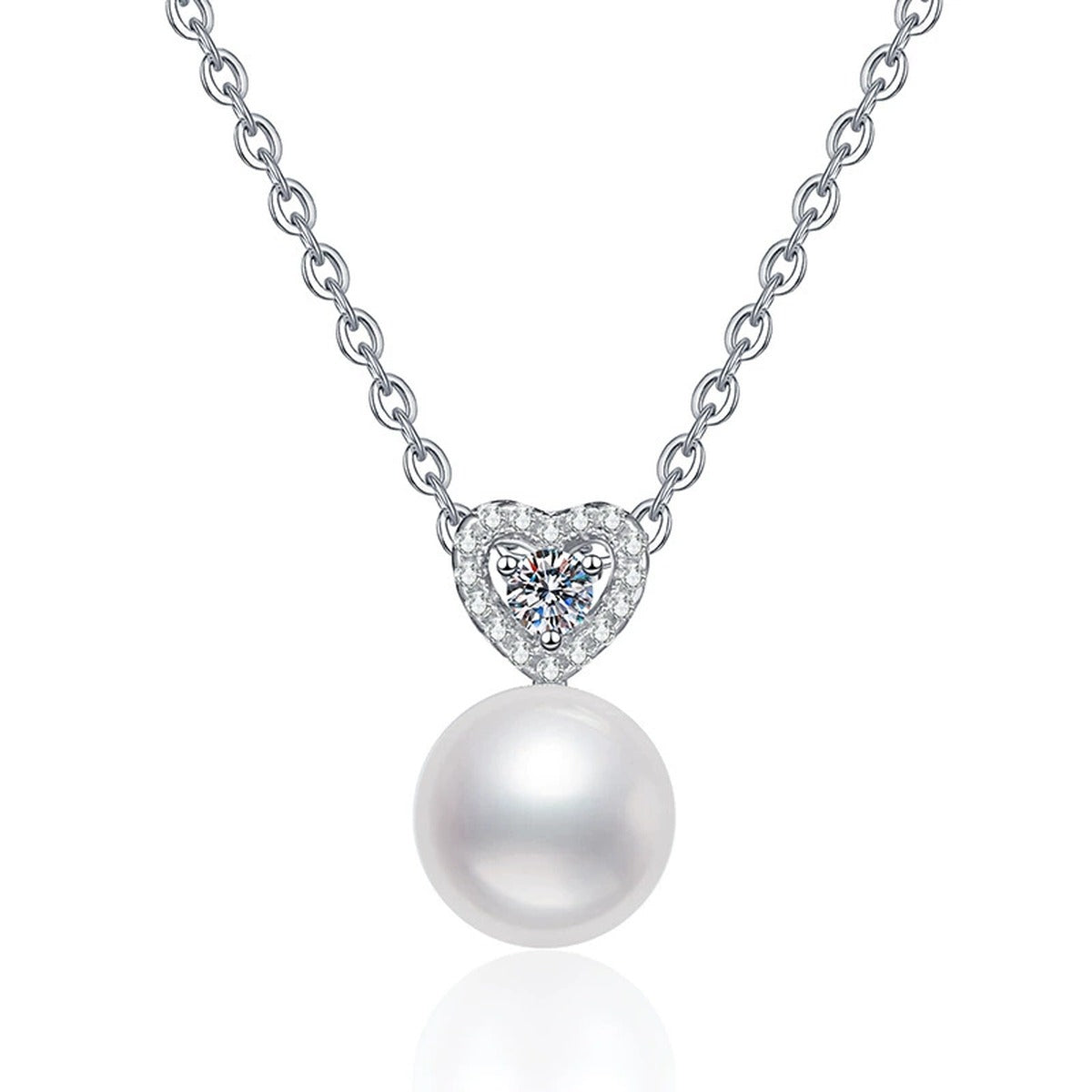 Moissanite Freshwater Pearl Pendant Necklace with Cubic Zirconia in White Gold-Plated S925 Sterling Silver on clean white background showing the freshwater pearl pendant with a small moissanite and cubic zirconia detail