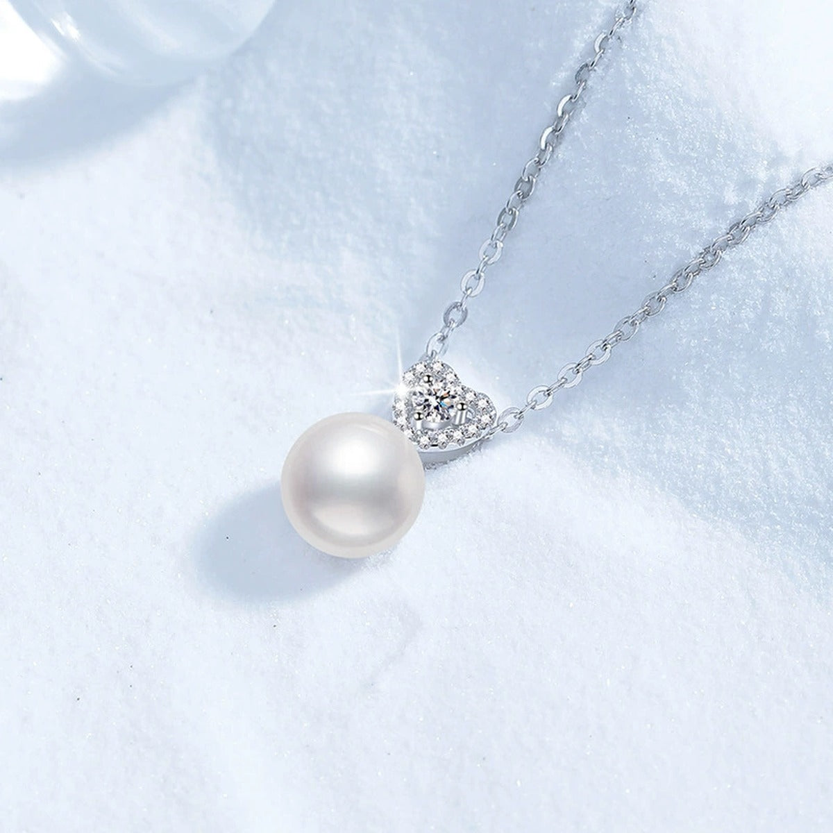 Moissanite Freshwater Pearl Pendant Necklace with Cubic Zirconia in White Gold-Plated S925 Sterling Silver blue background product view