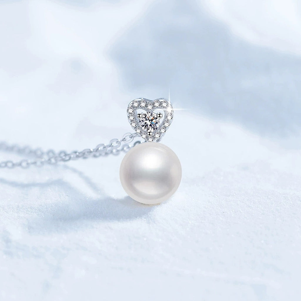 Moissanite Freshwater Pearl Pendant Necklace with Cubic Zirconia in White Gold-Plated S925 Sterling Silver close-up product detail view